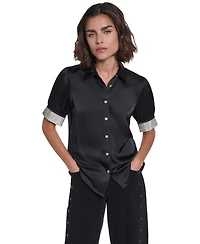 Karl Lagerfeld Paris Women's Satin Rhinestone-Cuff Button-Front Top