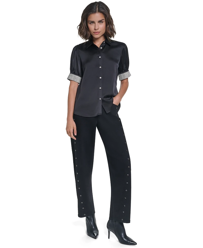 Karl Lagerfeld Paris Women's Satin Rhinestone-Cuff Button-Front Top