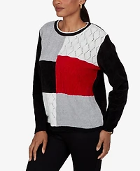 Alfred Dunner Women's Petite Colorblock Cable-Knit Long-Sleeve Crewneck Pullover