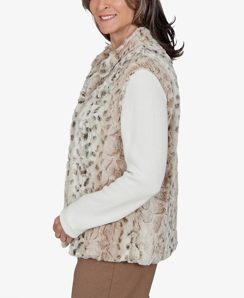 Alfred Dunner Women's Petite Animal-Print Mandarin-Collar Teddy Jacket