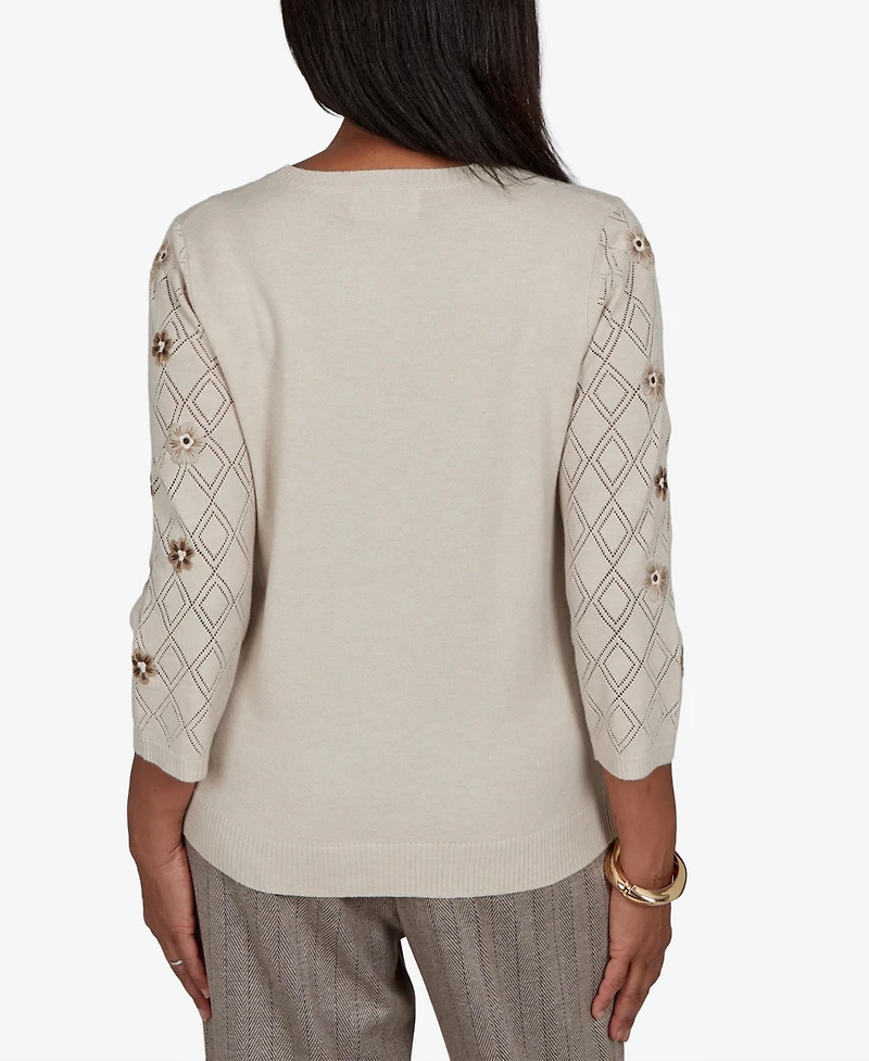 Alfred Dunner Petite Pointelle Floral Embroidery with Bead Pullover Sweater