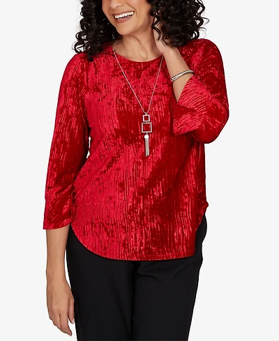 Alfred Dunner Petite Velvet Crewneck 3/4-Sleeve Blouse