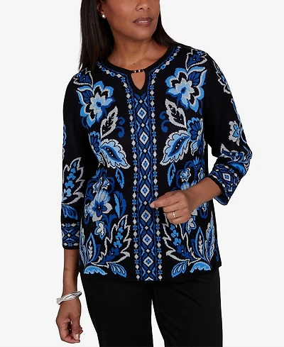 Alfred Dunner Petite 3/4-Sleeve Floral-Geometric Henley Pullover Sweater