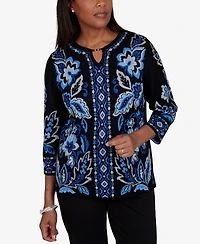 Alfred Dunner Petite 3/4-Sleeve Floral-Geometric Henley Pullover Sweater