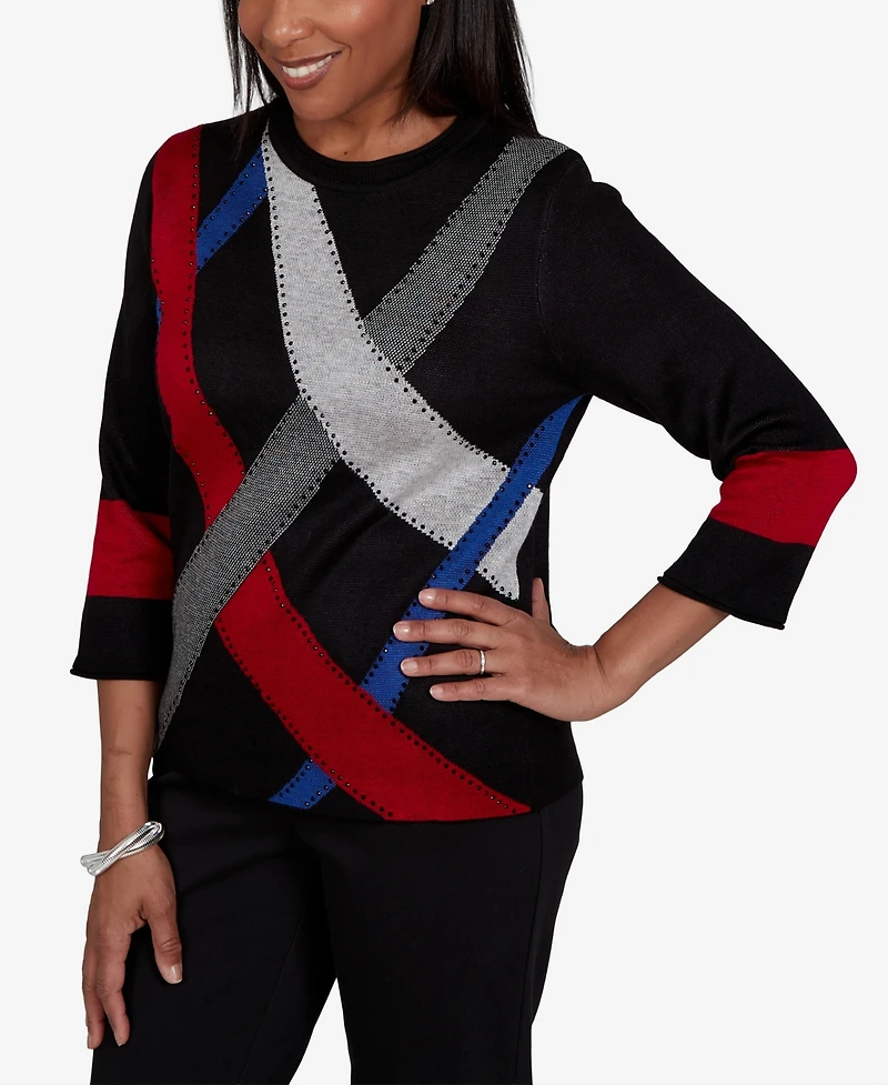 Alfred Dunner Petite 3/4-Sleeve Crewneck Colorblock Sweater