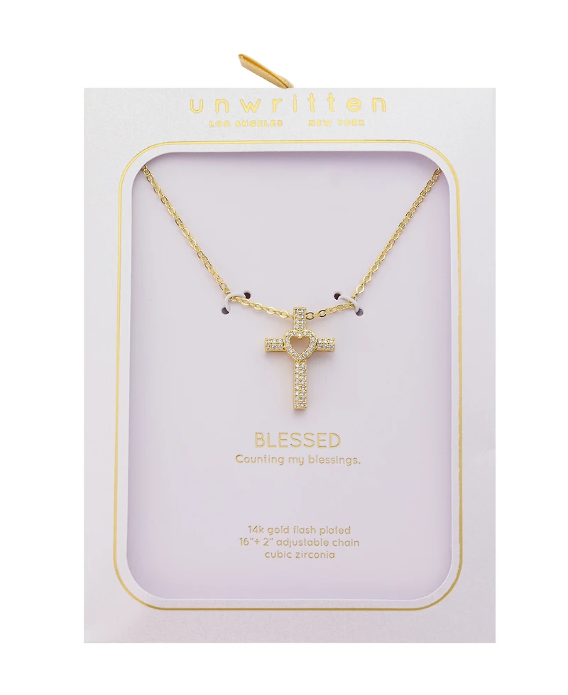 Unwritten Cubic Zirconia Gold-Plated Heart Cross Pendant Necklace