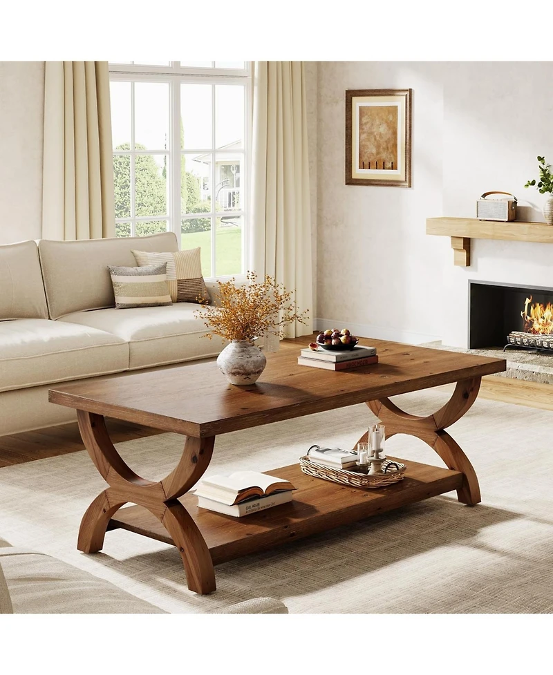 Tribesigns Solid Wood Coffee Table for Living Room, Rectangle Center Tea Table with Storage Shelf