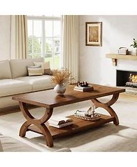 Tribesigns Solid Wood Coffee Table for Living Room, Rectangle Center Tea Table with Storage Shelf
