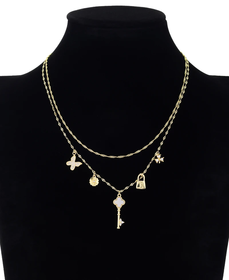 Unwritten Cubic Zirconia and Imitation Pearl Gold-Plated Lock and Key Charm Layered Necklace Set