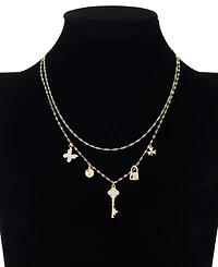 Unwritten Cubic Zirconia and Imitation Pearl Gold-Plated Lock and Key Charm Layered Necklace Set