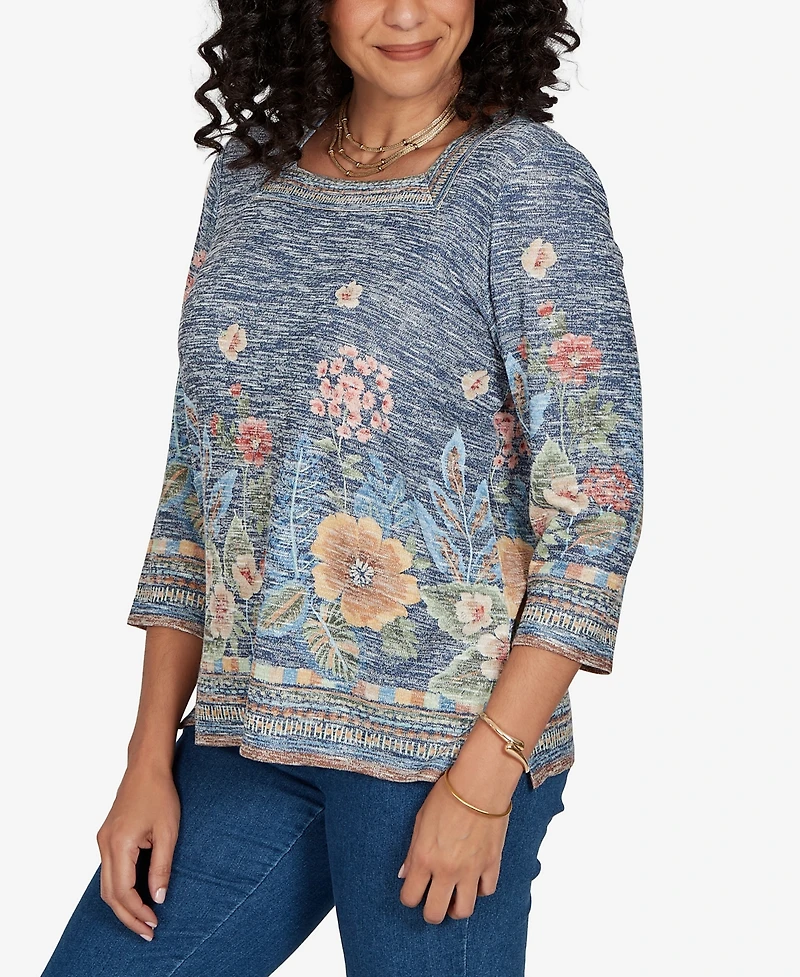 Alfred Dunner Women's Floral Square Neck 3/4-Sleeve Top