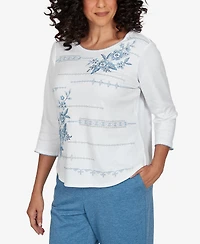 Alfred Dunner Women's Knit 3/4-Sleeve Crewneck Floral-Embroidered T-Shirt