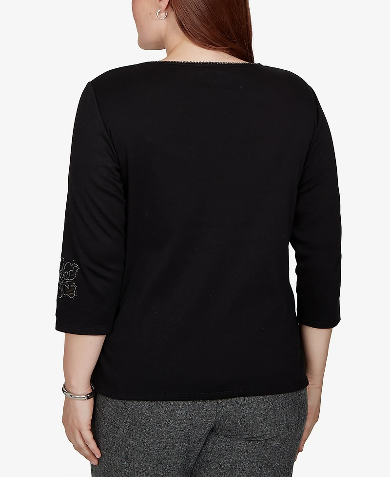 Alfred Dunner Women's 3/4-Sleeve Crewneck Floral Cotton-Blend Top