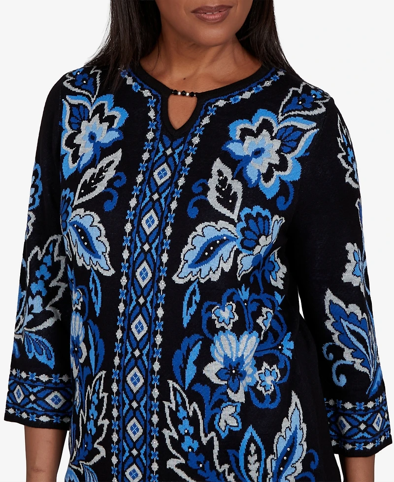 Alfred Dunner Women's 3/4-Sleeve Keyhole-Neck Floral-Print Pullover