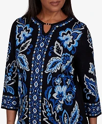 Alfred Dunner Women's 3/4-Sleeve Keyhole-Neck Floral-Print Pullover