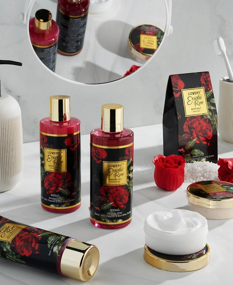 Lovery Exotic Rose Spa Gift Basket, 13pc Self Care Gift, Bath and Body Care Gift Set, Relaxing Stress Relief Gift