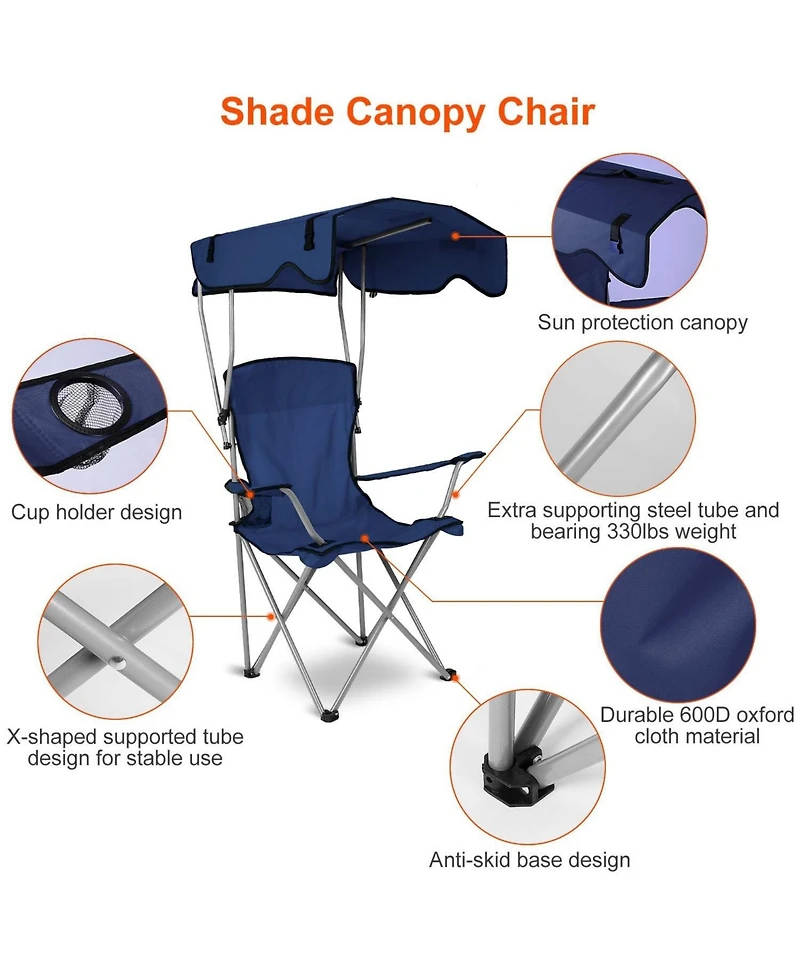 Mountaintop Foldable Beach Canopy Chair, 330 lb capacity, sunshade, cup holder, portable folding seat for beach, camping & travel.