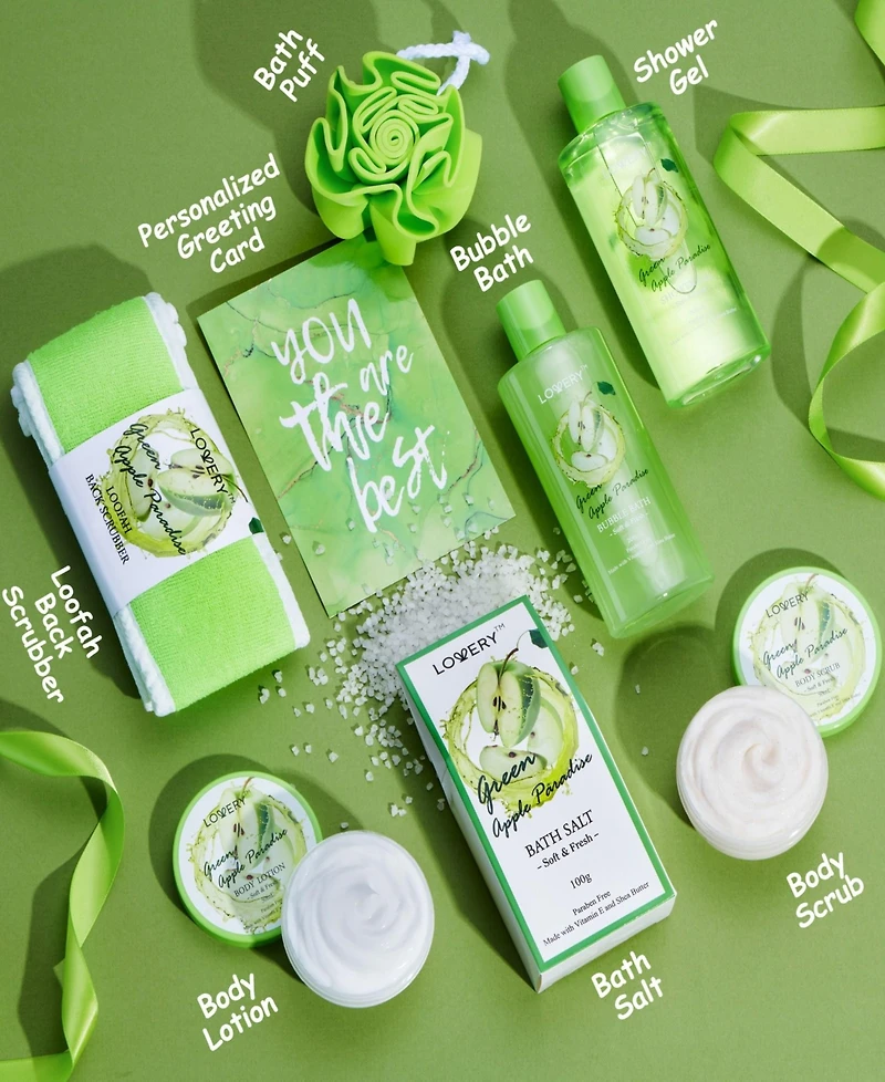 Lovery Appreciation Gift Basket, 9pc Green Apple Paradise Body Care Gift Set