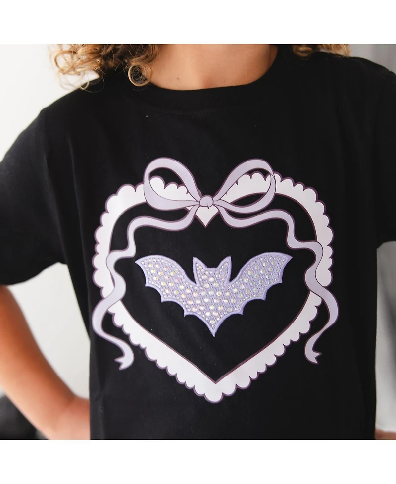 Sweet Wink Little Girls Rhinestone Bat Patch Halloween Short Sleeve T-Shirt