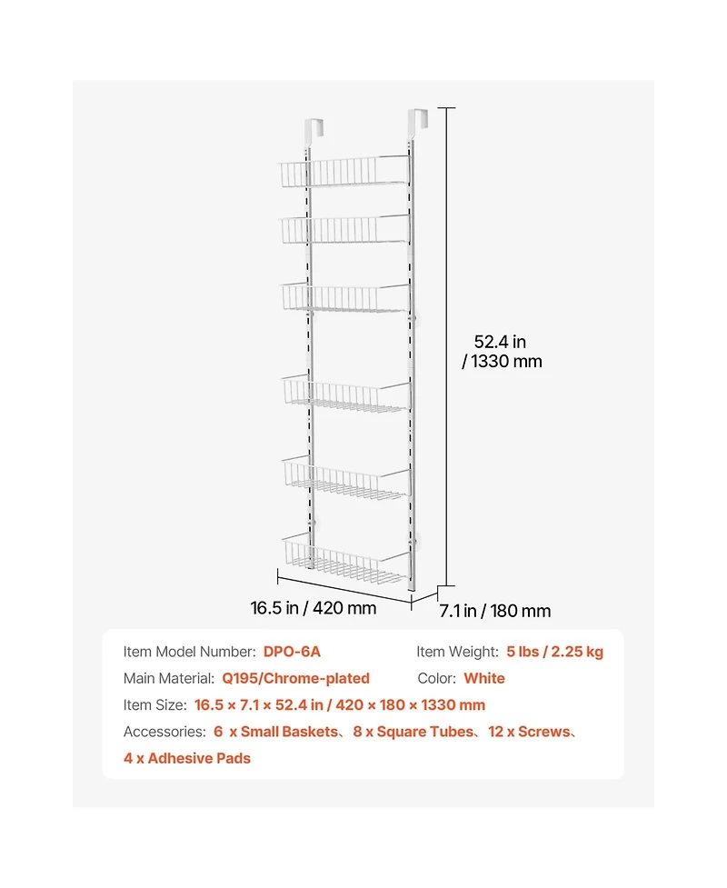 Sugift 6-Tier Over the Door Pantry Organizer Steel Hanging Spice Rack with Adjustable Shelves