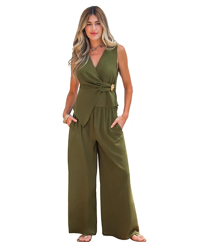 Cupshe Women's Olive Green Sleeveless Wrap Waist Two-Piece Matching Set