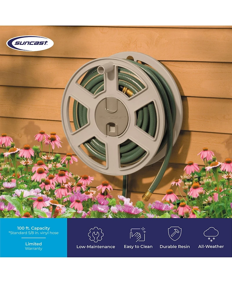 Suncast Sidewinder 100 Foot Wall Mount Garden Yard Outdoor Hose Reel, Taupe