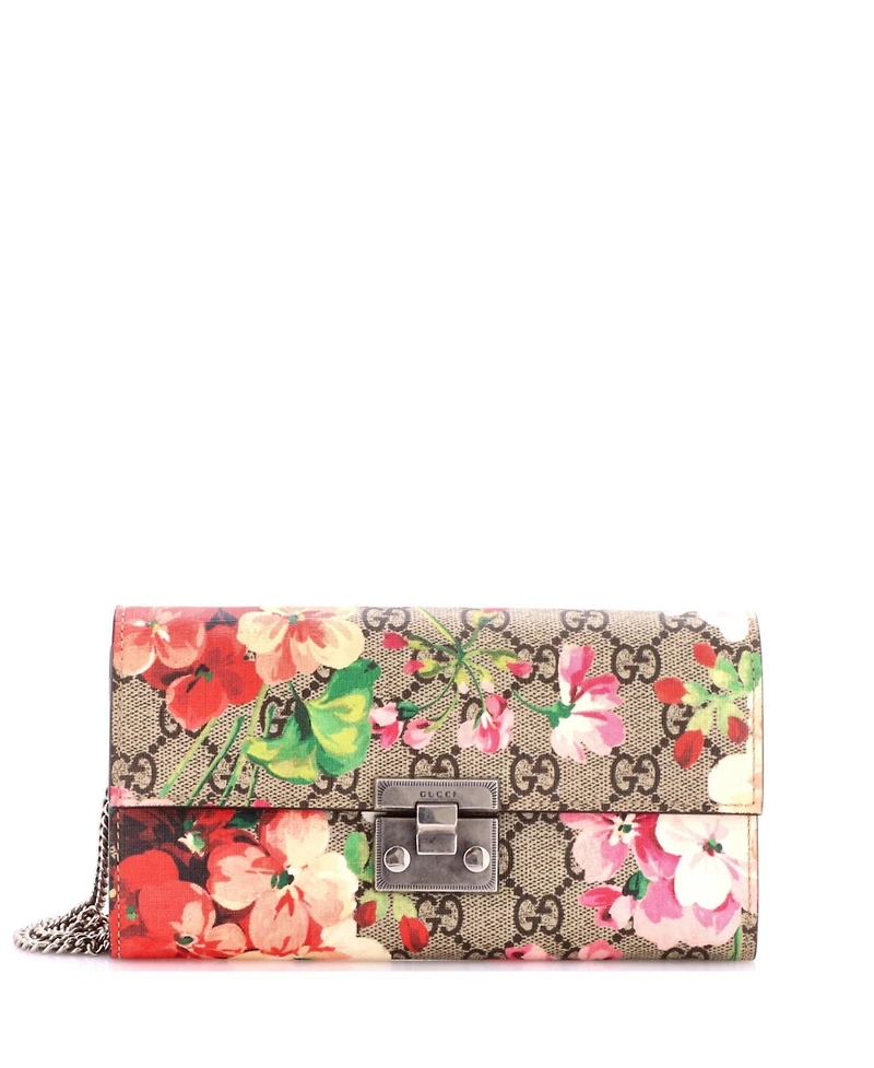 Pre-Owned Gucci Long Padlock Continental Chain Wallet Blooms Print Gg Coated Canvas