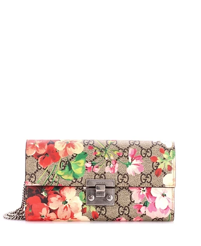 Pre-Owned Gucci Long Padlock Continental Chain Wallet Blooms Print Gg Coated Canvas