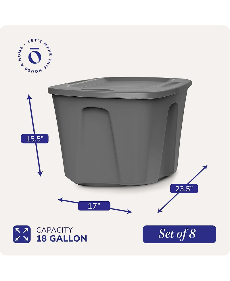 Homz 18-Gallon Stackable Plastic Storage Tote Container with Snap-On Lid, 8 Pack