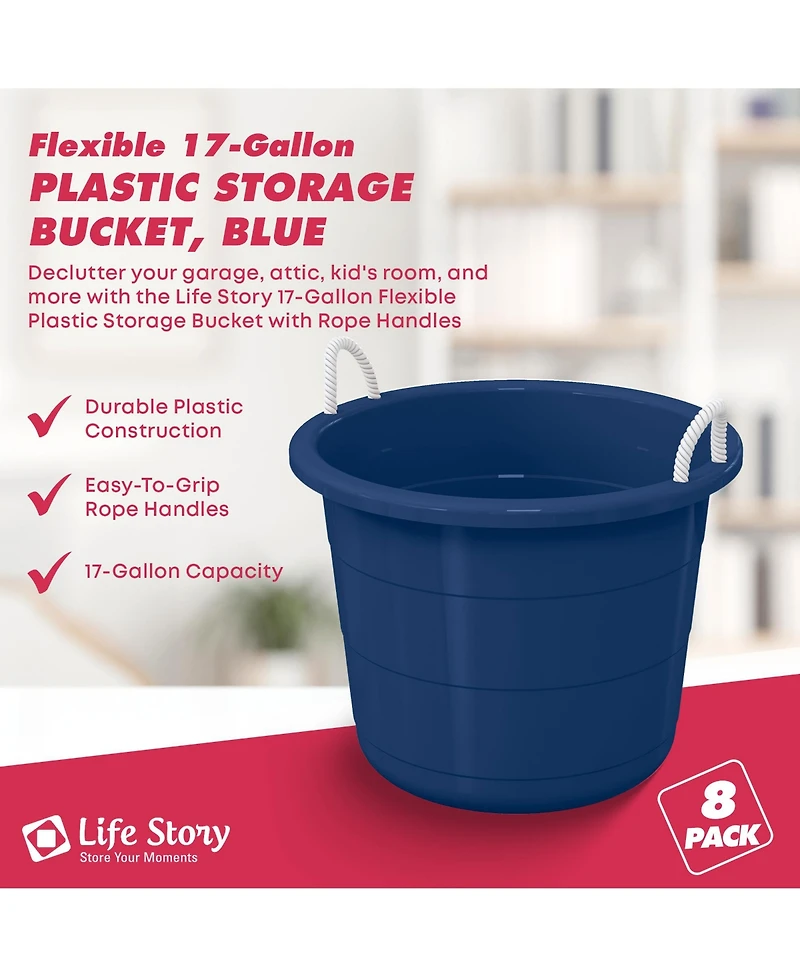 Life Story 17 Gallon Round Open Storage Bucket with Rope Handles, Blue, 8 Pack