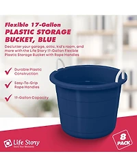 Life Story 17 Gallon Round Open Storage Bucket with Rope Handles, Blue, 8 Pack
