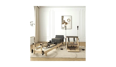 Syedee Pilates Reformer Machine, Wood Pilates Machine Bed Yoga Exercise Strength Training Equipment with Pilates Chair for Home Workout