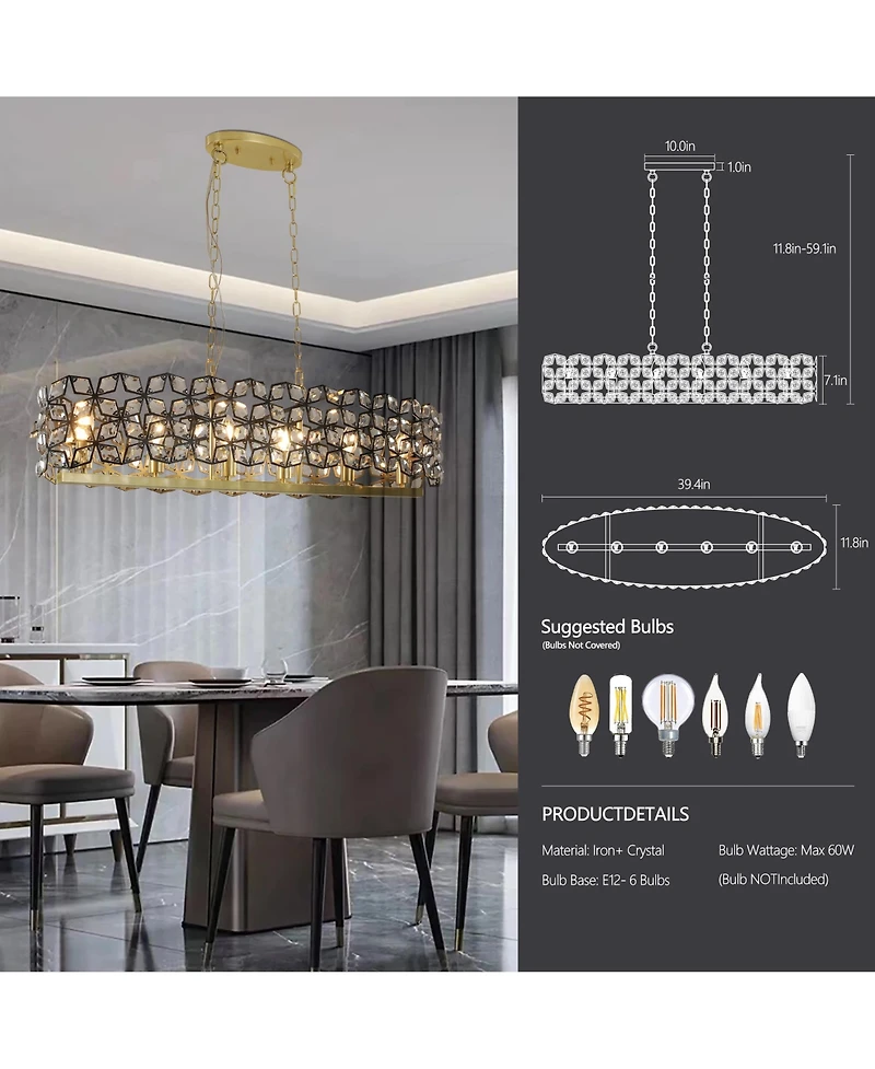 Clihome 39" Crystal Gold Pendant Chandelier, Geometric Modern Light Fixture (Bulb Not Included)