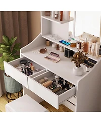 Vabches Vanity Desk with Led Mirror and Charging Station, Makeup Table with Storage Stool