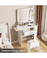 Vabches Small Vanity Desk with Lighted Mirror and Charging Station, Makeup Table with Drawer, Shelves and Stool