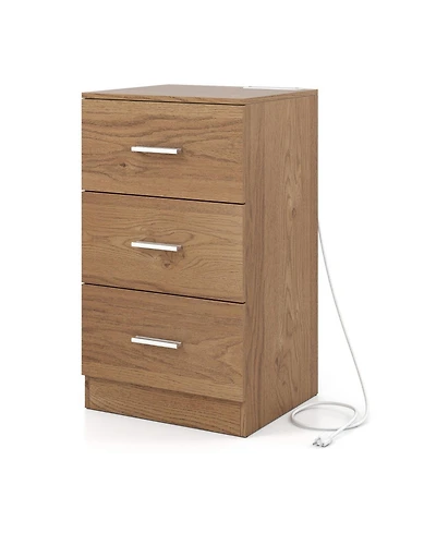 Sugift Compact Bedside Nightstand with Charging Station and 3 Storage Drawers