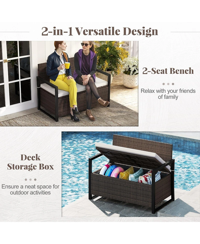 Mecale Wicker Storage Loveseat Bench with Cushion, 800-lb Weight Capacity