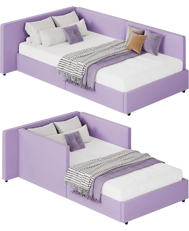 gaomon Twin Daybed with Extended Headboard, Corner Bed Frame with Bed Rails, Velvet Upholstered Sofa Bed with Guardrail for Bedroom, Guest Room