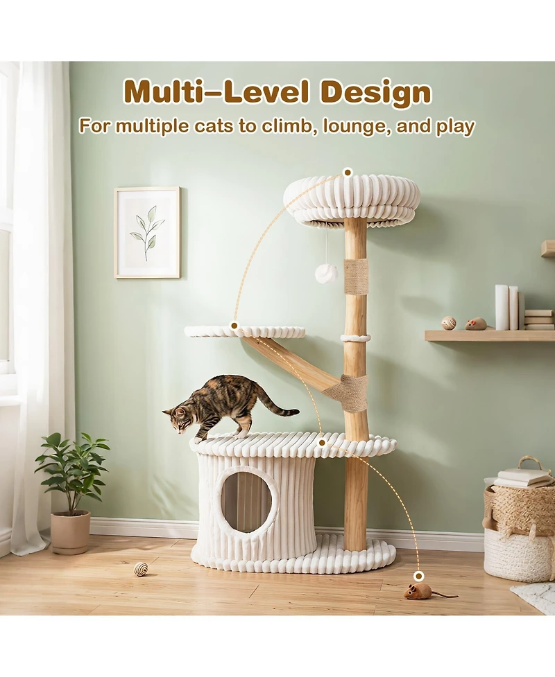 Gymax 41 Inch Tall Modern Cat Tower with Real Wood Branches Scratching Posts Cozy Bed