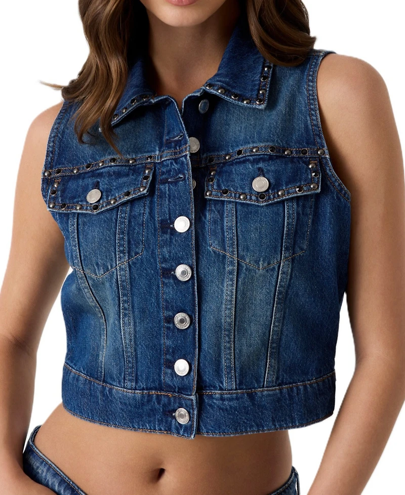 Guess Women's Jill Cropped Studded Button-Front Denim Vest