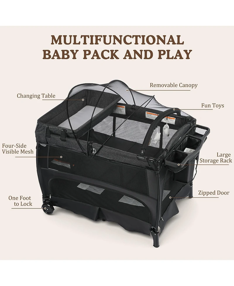 Kinder King 4-in-1 Portable Baby Playard with Bassinet and Mosquito Net, Bedside Sleeper and Changing Table