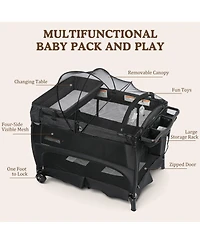 Kinder King 4-in-1 Portable Baby Playard with Bassinet and Mosquito Net, Bedside Sleeper and Changing Table