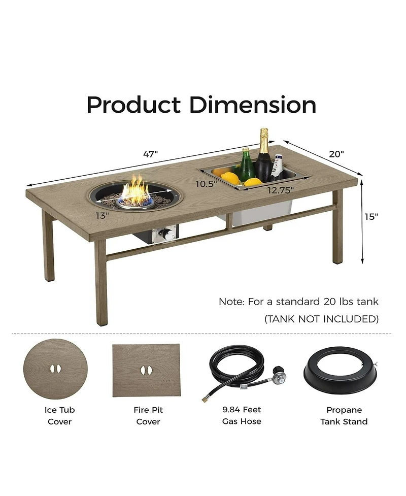 Mondawe 47" 3-in-1 Aluminum Propane Fire Pit Table with Ice Bucket, 50000 Btu