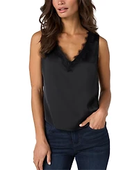 Liverpool Los Angeles Petite V-Neck Lace-Trimmed Matte Satin Tank Top