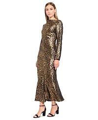 Donna Morgan Women's Animal-Print Long-Sleeve Boat-Neck Midi Dress