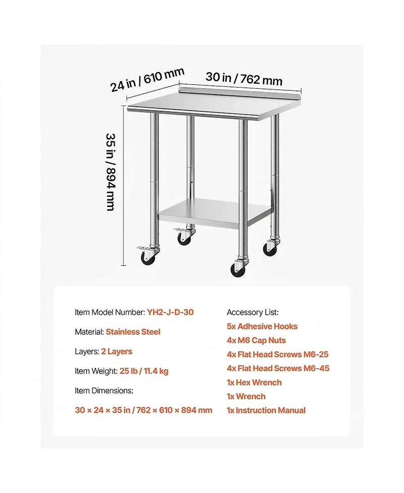 Sugift 24 x 30 In Mobile Stainless Steel Work Table with Wheels and Backsplash for Kitchen Prep