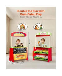 Yobtop Two-in-One Reversible Puppet Theater and Market Stand with Working Scanner and Card Reader, 35-Piece Accessory Set, Ages 3+