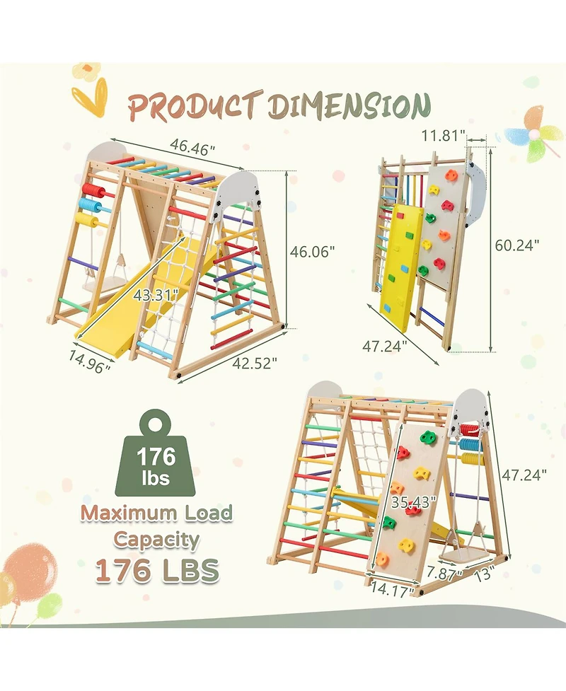 Yobtop 9-in-1 Foldable Wooden Climbing Frame with Slide, 176 lbs Capacity, Ages 3+