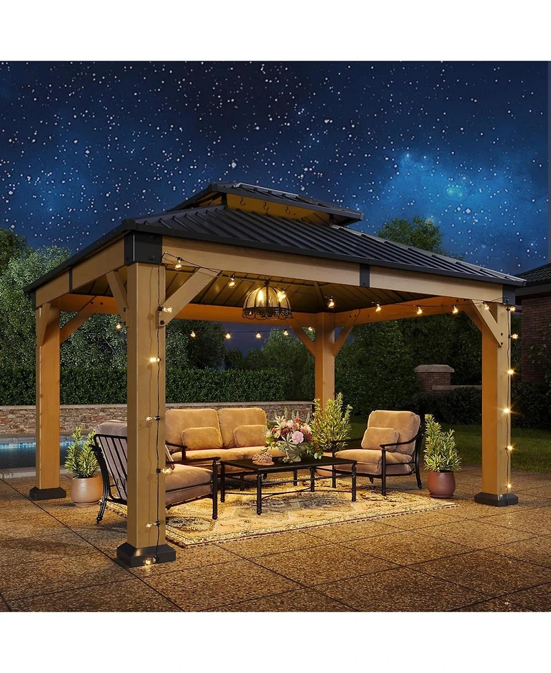 Aoxun 10'x12' Cedar Wood Hardtop Gazebo, Outdoor Pavilion with Galvanized Steel Double Roof for Patio Garden