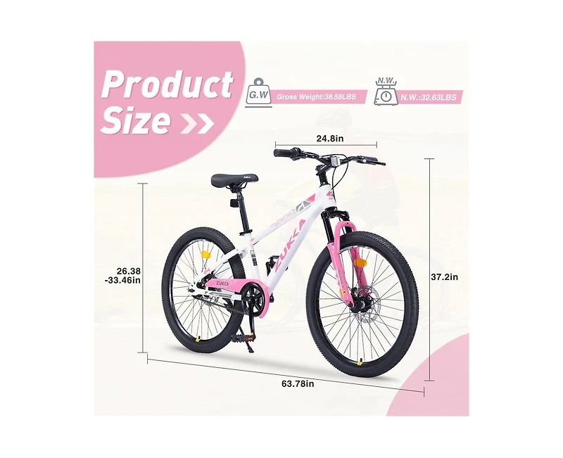 Yobtop 24-Inch Mountain Bike, Steel Frame, Suspension Fork, Double Disc Brake, 220 lb. Capacity, Ages 9-12